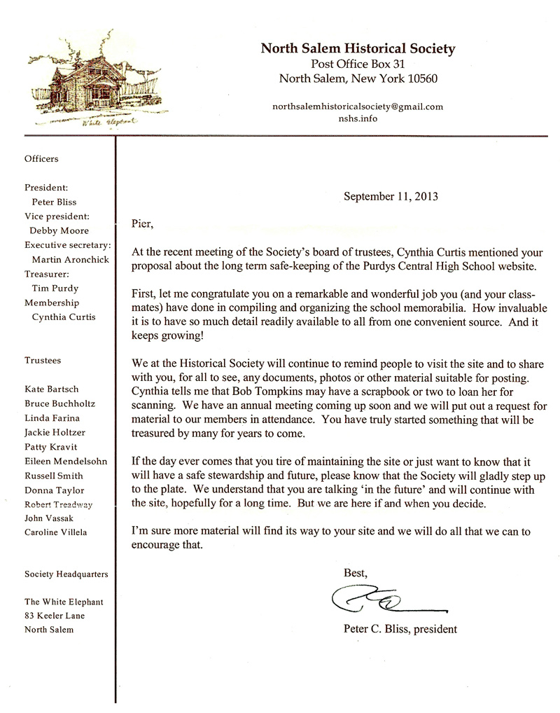 North Salem Historical Society Letter to Pier Peter Guidi class of 1962